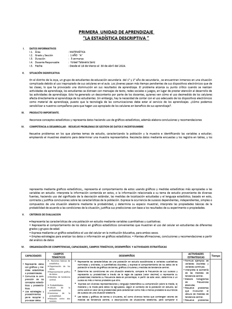 Primera Unidad de Aprendizaje 1° Año 2024 | PDF | Estadísticas ...