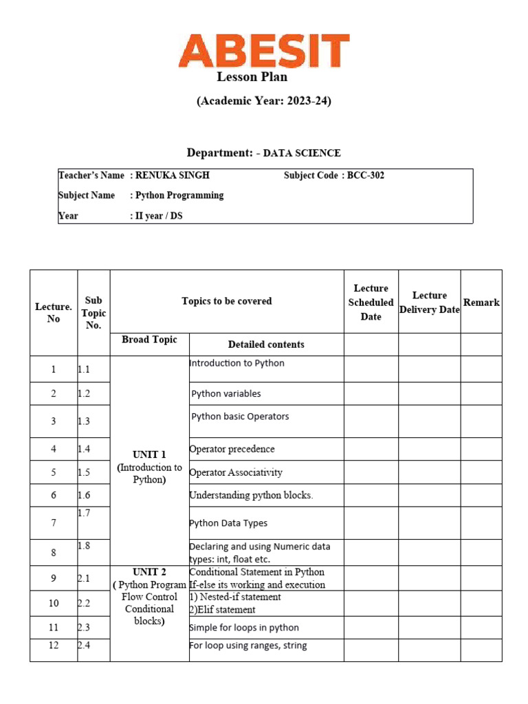 Lesson Plan - PYTHON PROGRAMMING | PDF | Control Flow | Python ...