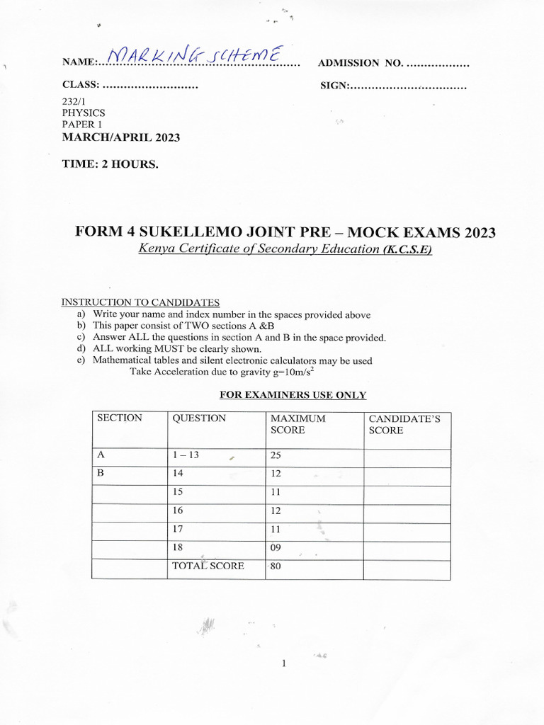Phy Paper 1 Marking Scheme | PDF