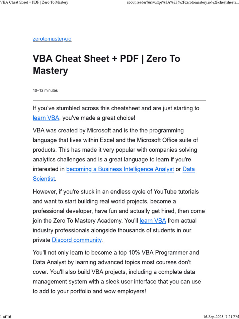 VBA Cheat Sheet for Beginners | PDF | Microsoft Excel | Visual Basic ...