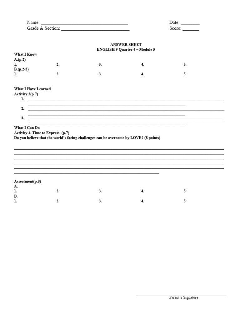English 9 Module 5 Answer Sheet | PDF