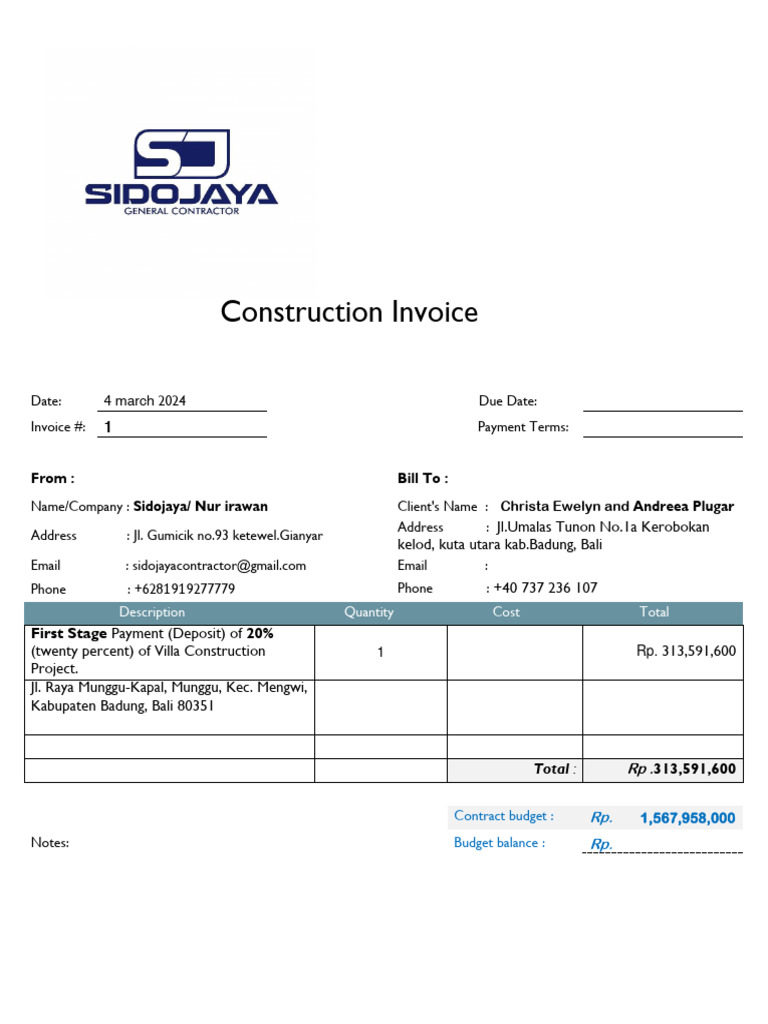 Construction Invoice for Clients | PDF