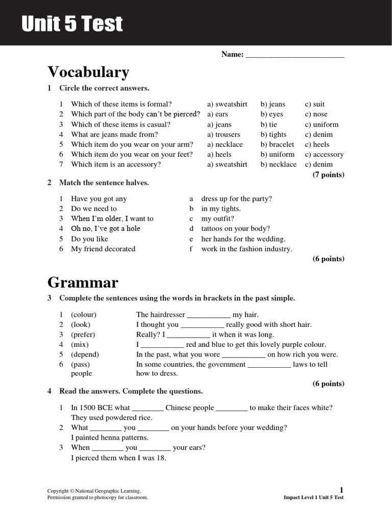 Impact Level 1 Unit 5 Test 0 | PDF | Jeans | Jewellery