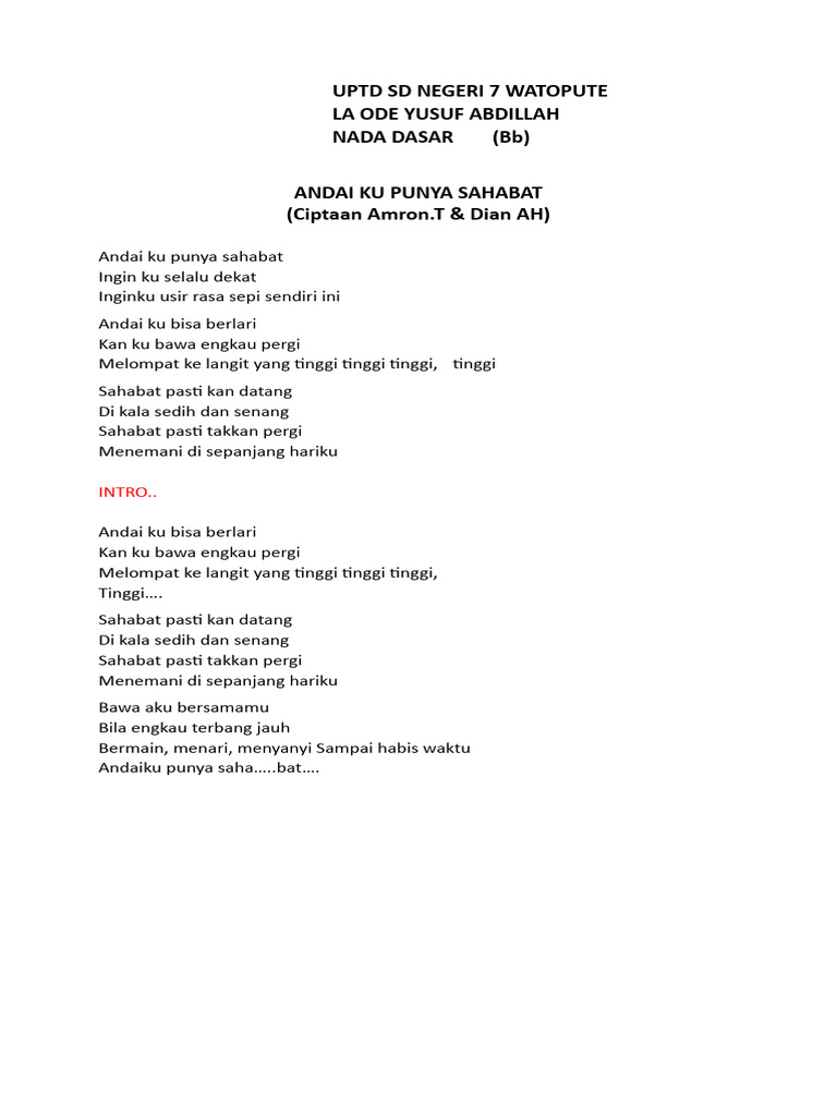 Lirik Lagu "Andai Ku Punya Sahabat" | PDF
