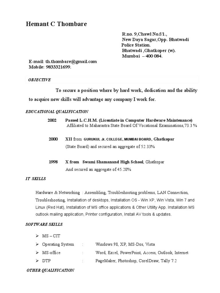 Hardware & Networking Resume PDF Operating System Microsoft Office