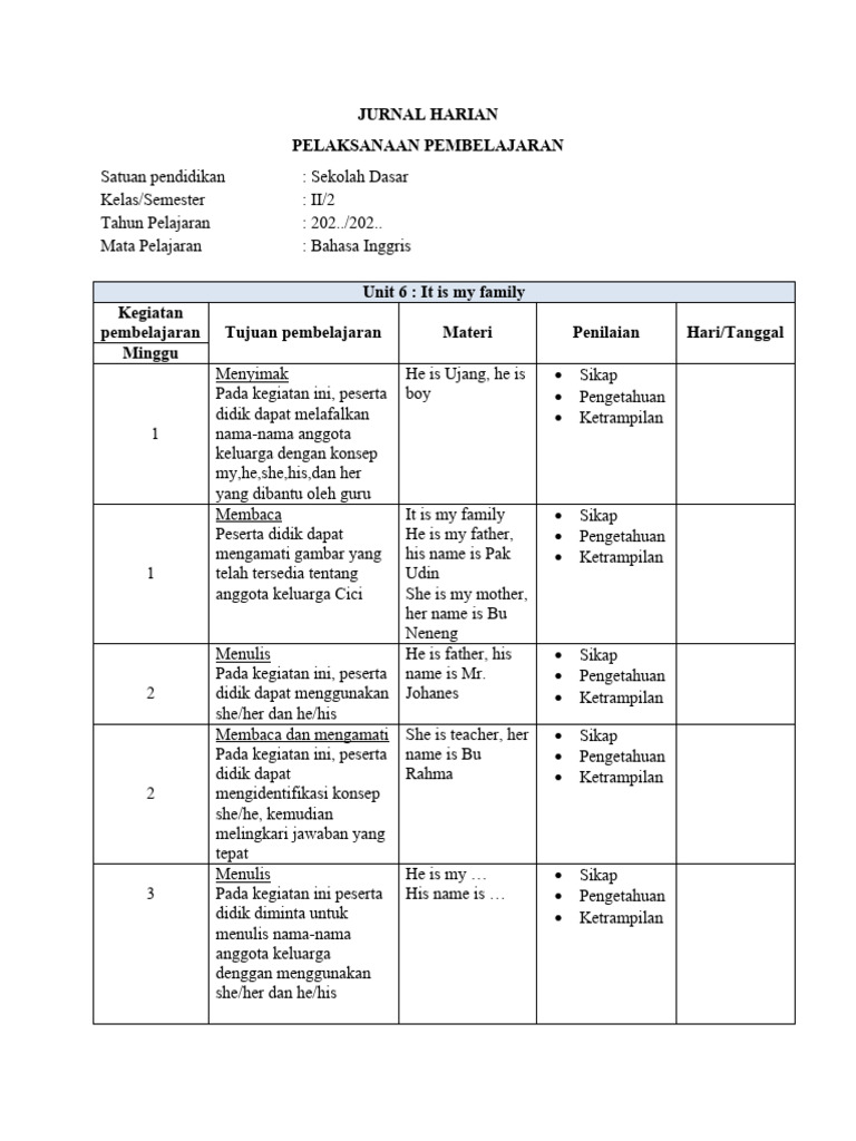 Jurnal Harian Kelas 2 Kurikulum Merdeka | PDF