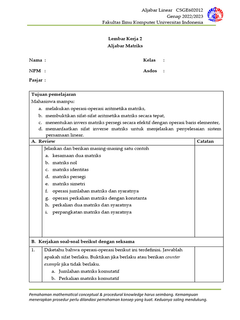 Aljabar Matriks: Operasi dan Invers | PDF | Metode & Bahan Ajar
