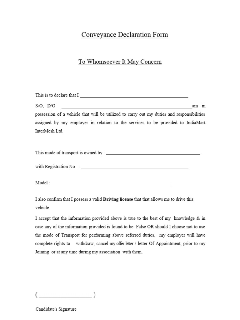 Vehicle Conveyance Declaration Form | PDF | Career & Growth | Business