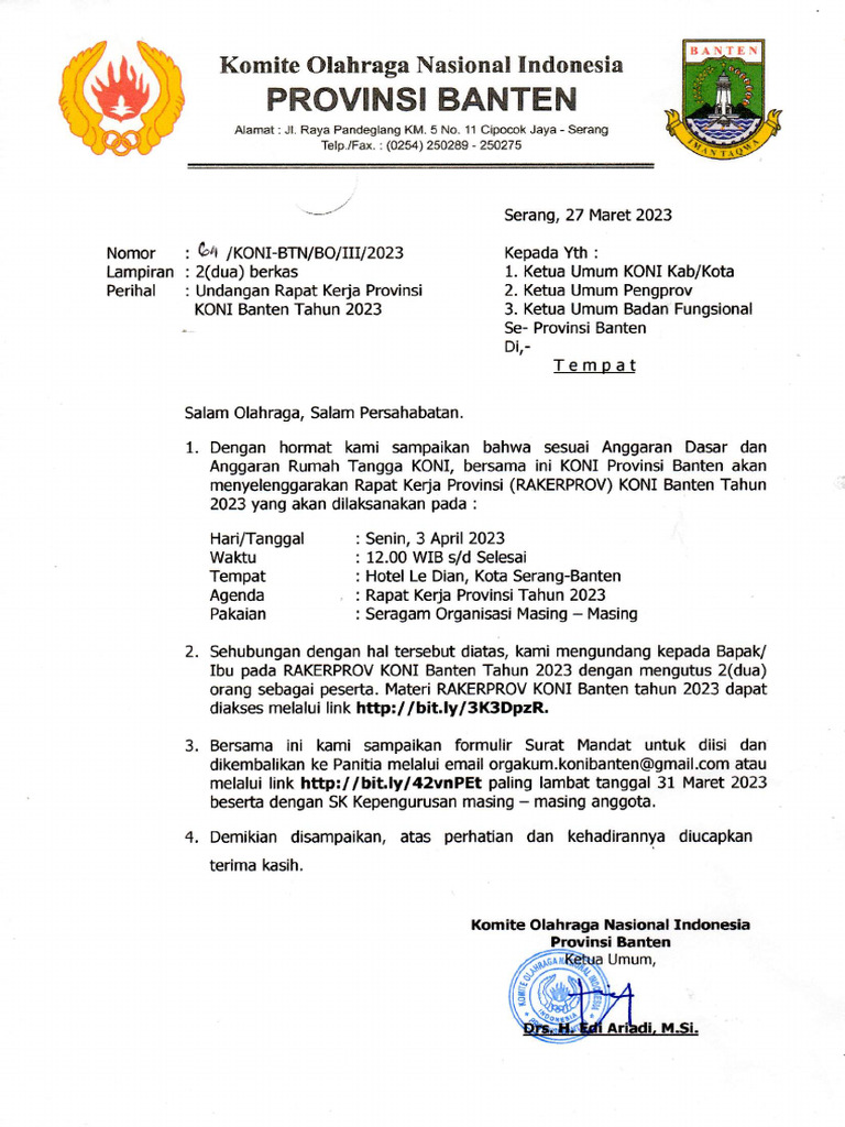 Undangan Rakerprov Koni Banten - 2023 Pengprov | PDF