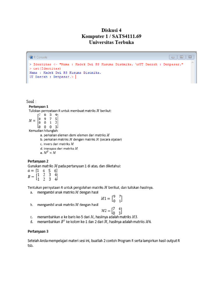 Matriks dan Pemrograman R di SATS4111 | PDF | Metode & Bahan Ajar