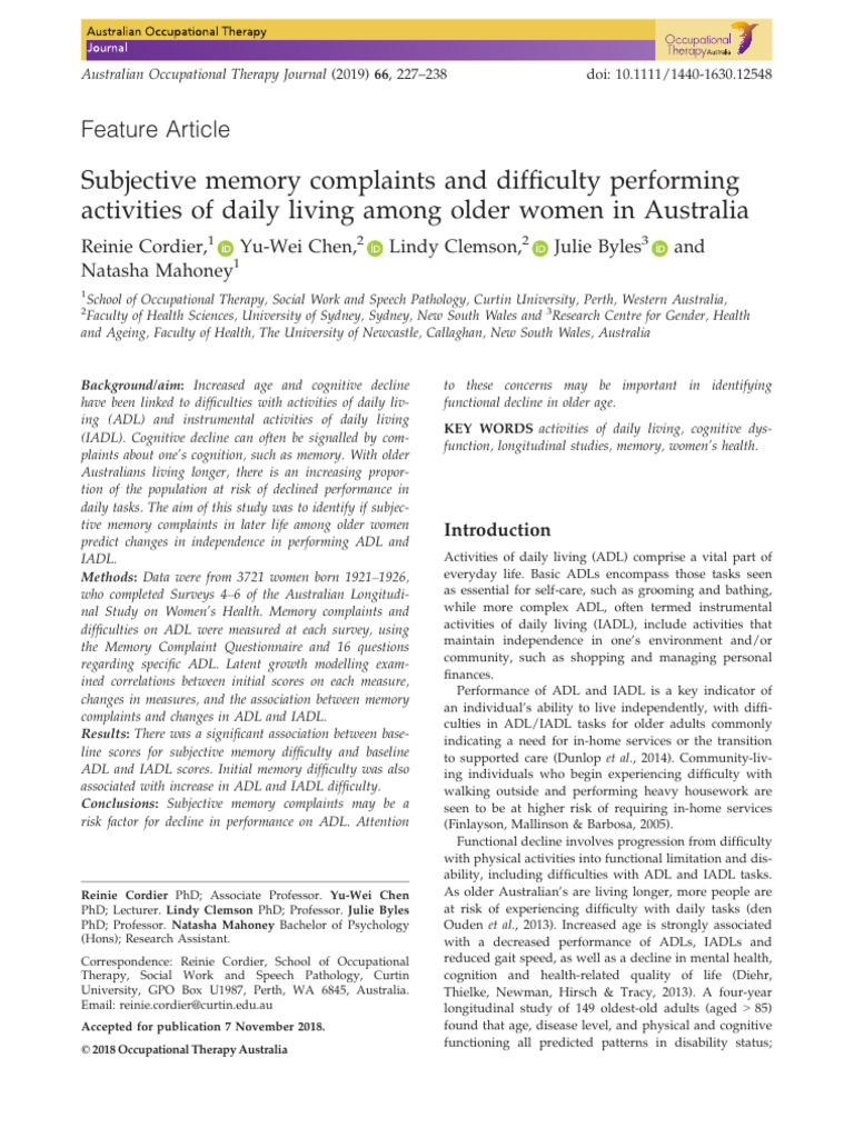 Memory Complaints and ADL Decline in Older Women | PDF | Dementia ...