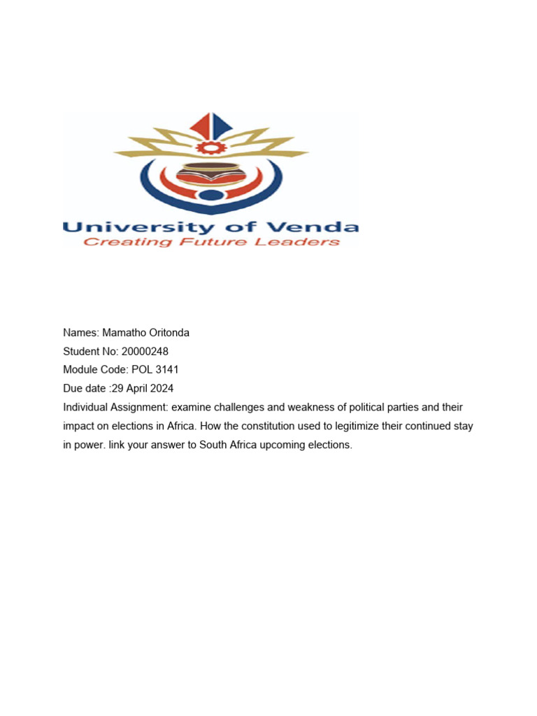 Pol3141 Assignment | PDF | African National Congress | Elections