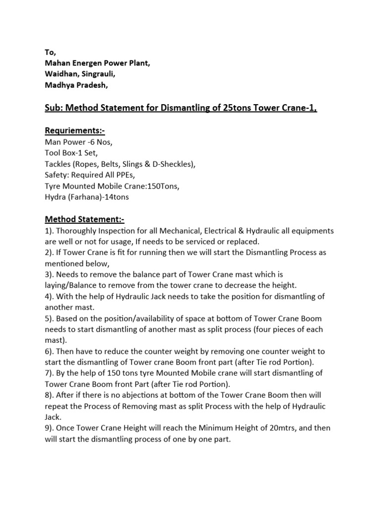 Dismanling Method Statement of 25tons TC-1 | PDF | Crane (Machine ...