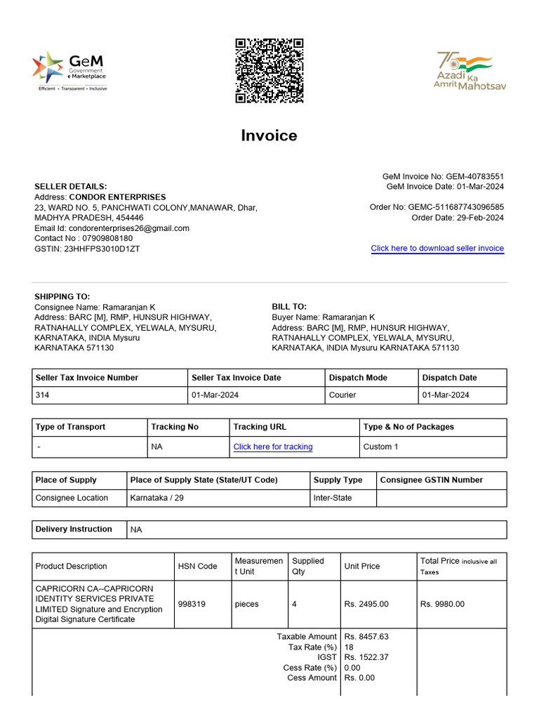 Condor Invoice for HSN 998319 | PDF | Invoice | Taxation