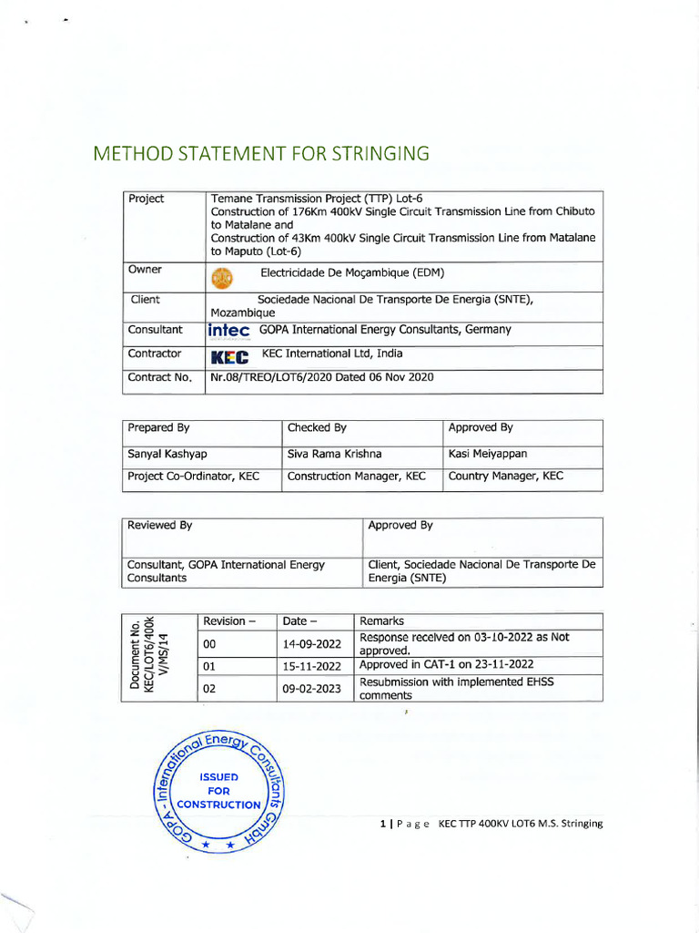 IFC - TTP 6 KHO TL 3110 G 014 02 Method Statement - Stringing | PDF