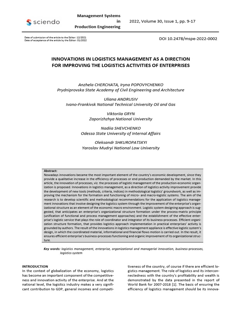 Innovations In Logistics Management As A Direction For Improving The