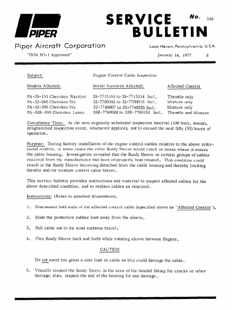 Piper SB 538: Engine Control Cable Inspection | PDF | Aviation