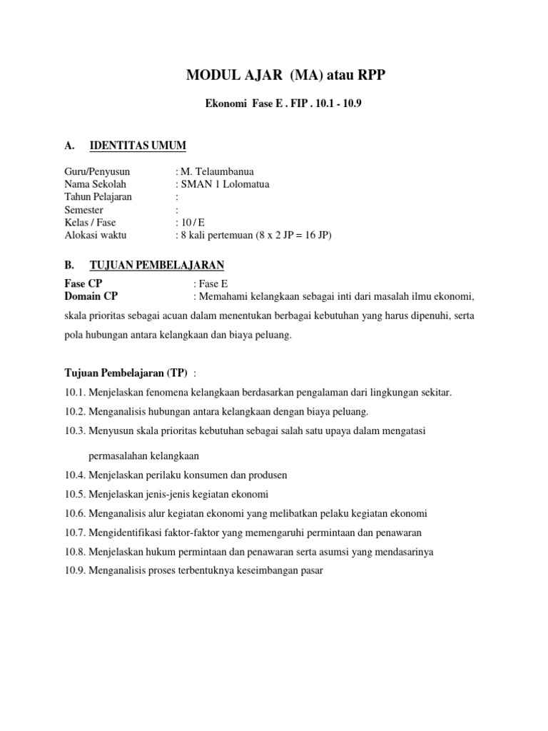 Contoh MA (RPP) Ekonomi Kls 10 | PDF | Karier & Perkembangan