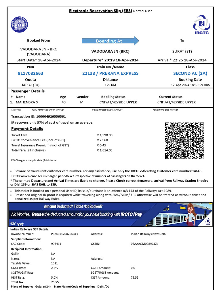 Vadodara to Surat Train Ticket Details | PDF | Identity Document