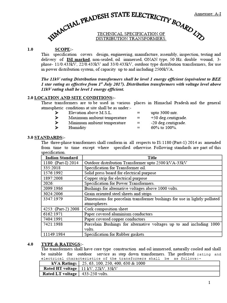 Technical Specs for Distribution Transformers | PDF | Transformer | Screw