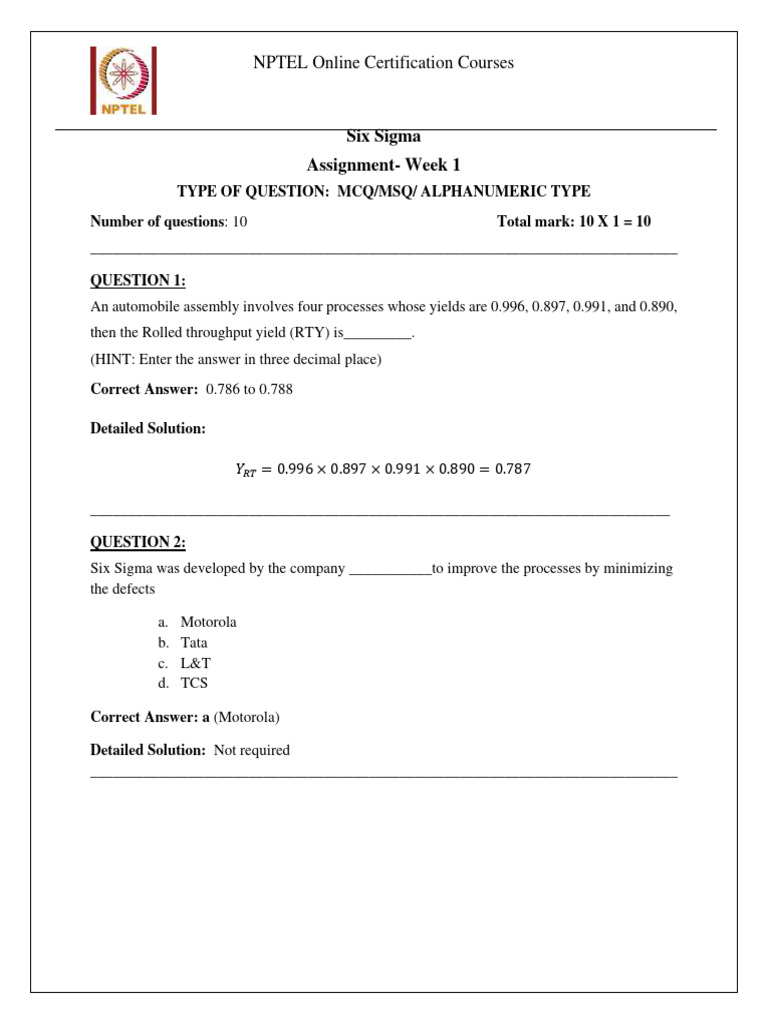 Six Sigma Week 1 Assignment Questions | PDF | Statistical Hypothesis ...