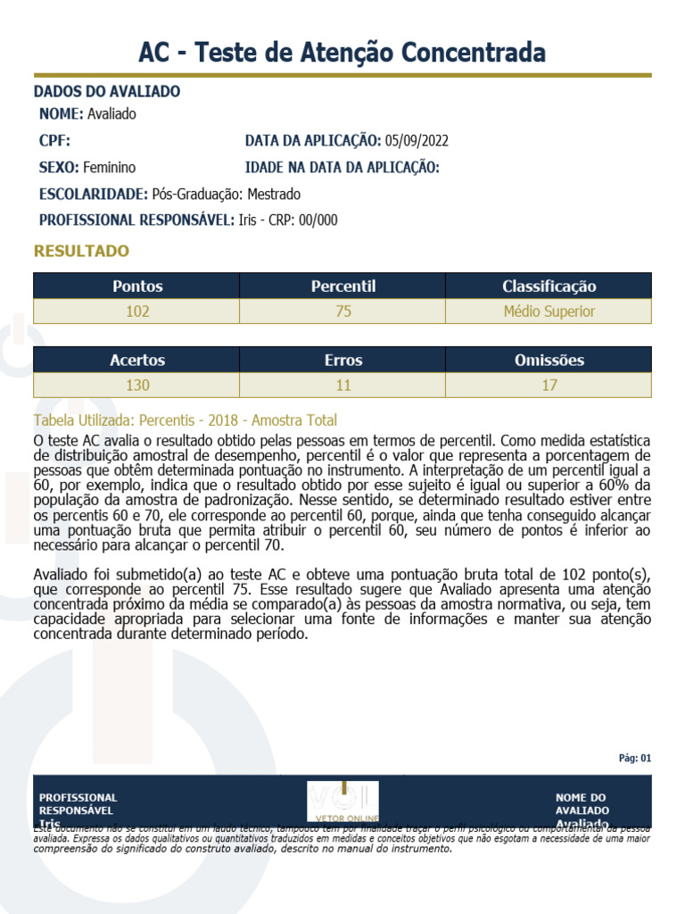 Resultado do Teste de Atenção Concentrada | PDF | Amostragem ...
