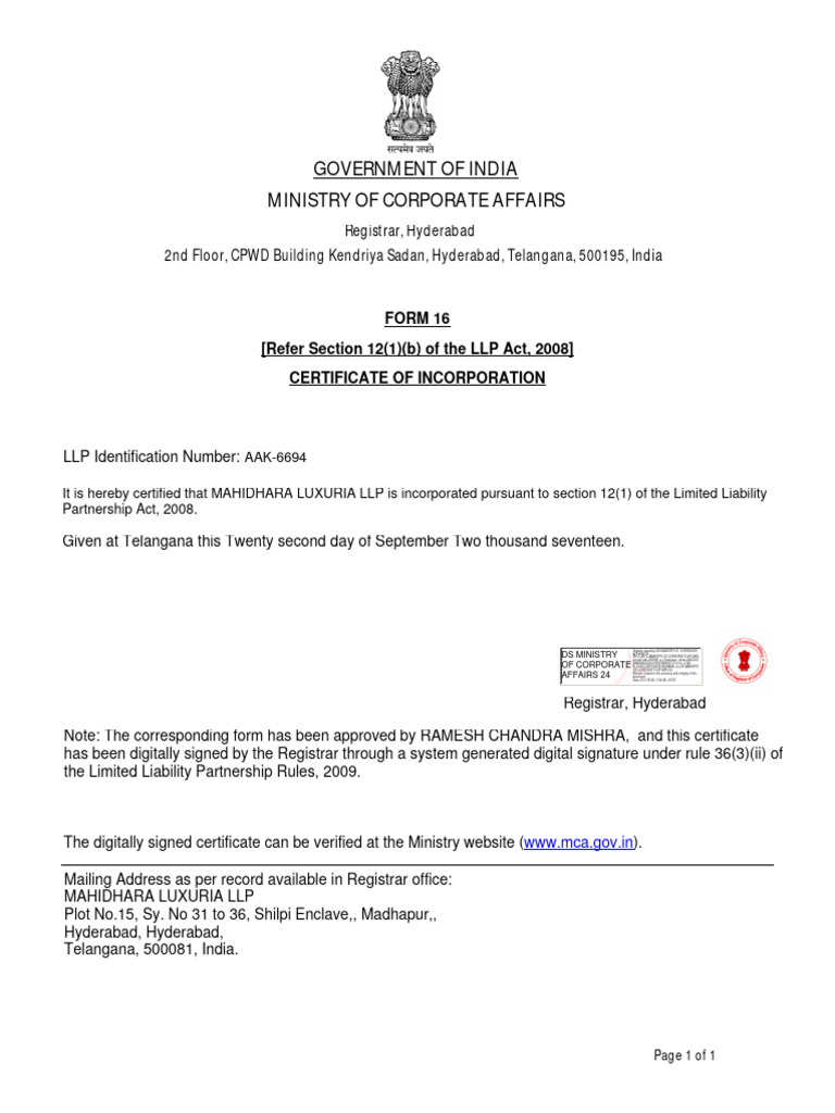 LLP Incorporation Certificate | PDF | Limited Liability Partnership ...