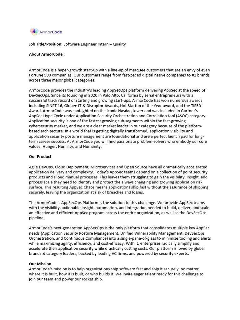 Software Engineer Intern at ArmorCode | PDF | Automation | Software ...