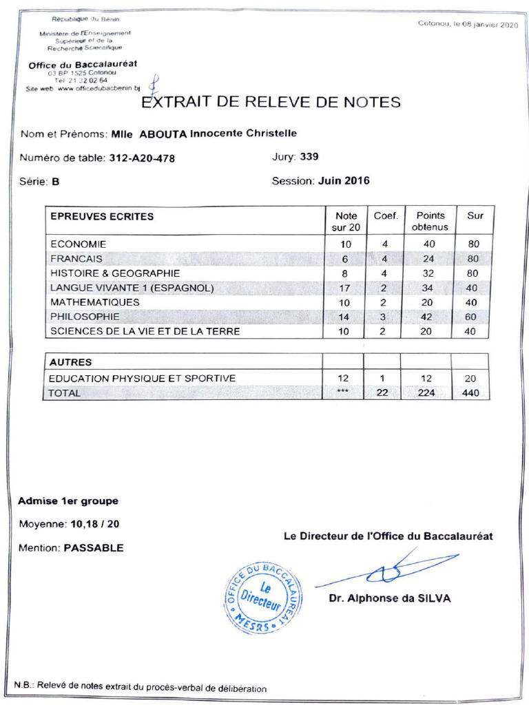 Extrait de relevé de notes Bac 2016 | PDF | Évaluation et bilan des ...