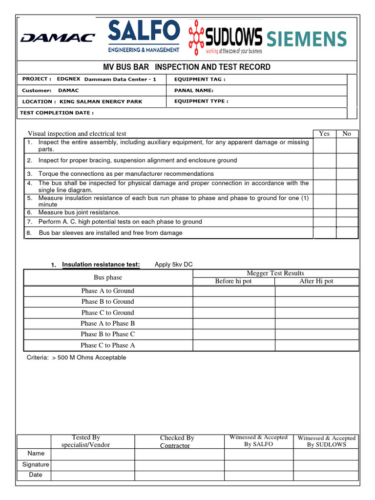 MV Bus Bar Inspection Test Record | PDF | Electrical Resistance And ...