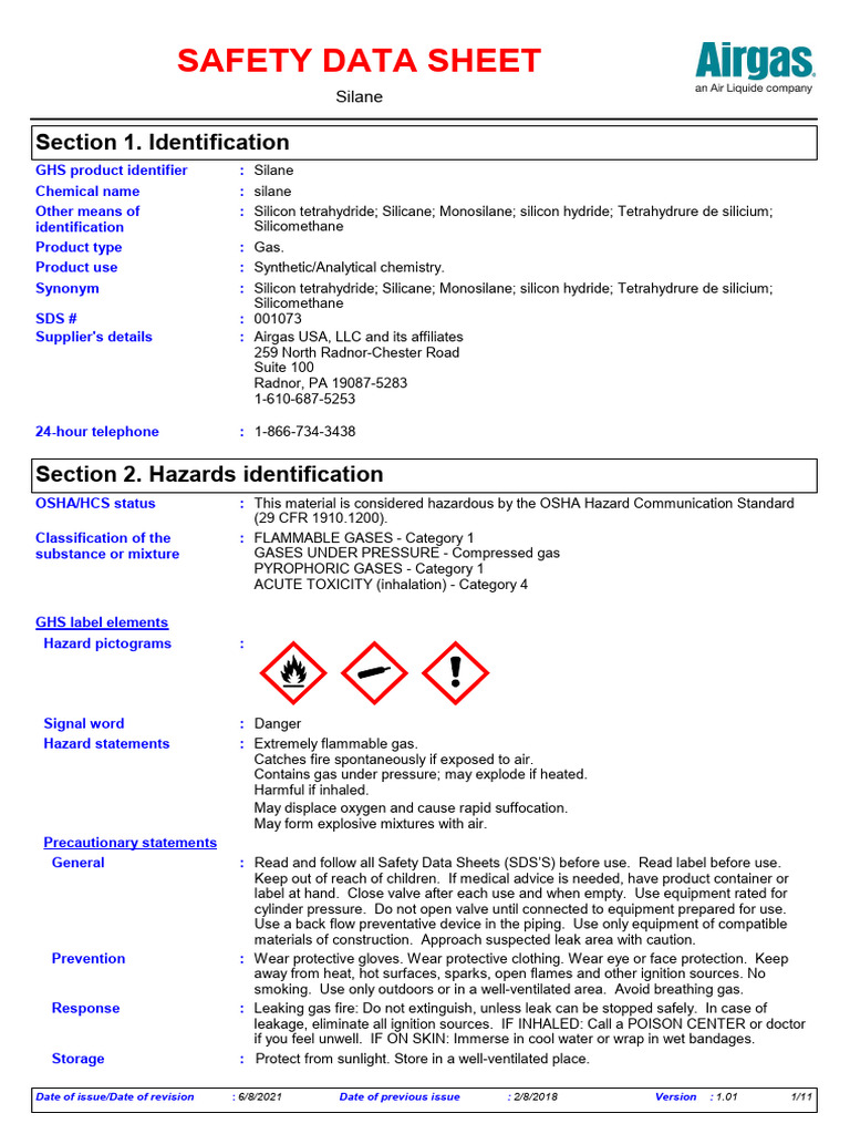 Silane Hazard Safety Data Sheet | PDF | Personal Protective Equipment ...