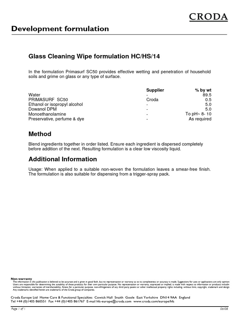 HC HS 14 Glass Cleaning Wipe Formulation PDF