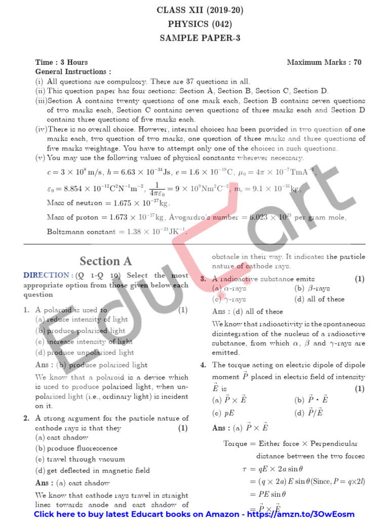 Class XII Physics Sample Paper 3 | PDF | Atomic Nucleus | Capacitor