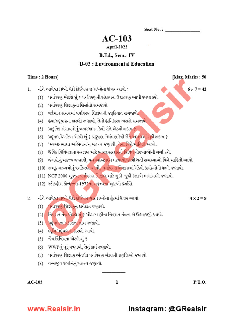 B.Ed. 4th Sem Environmental Education Exam | PDF | Conservation Biology ...
