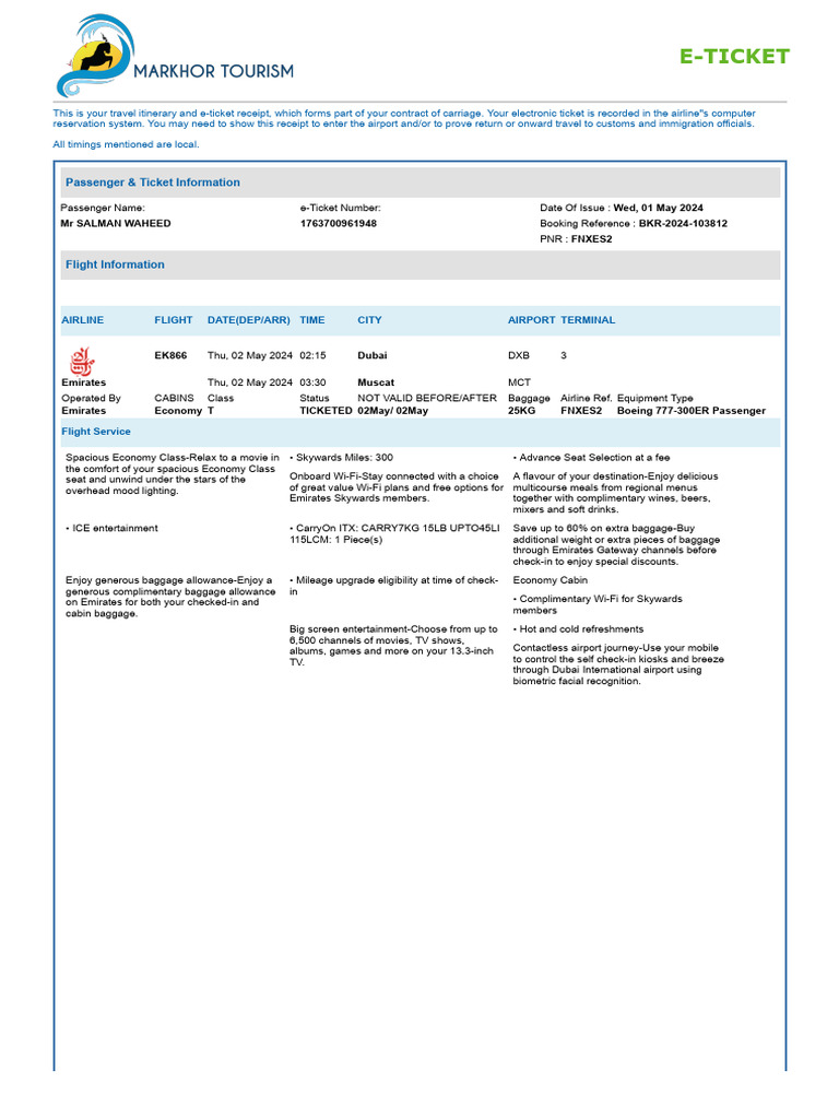 MR SALMAN WAHEED TICKET | PDF | Emirates (Airline) | Transport