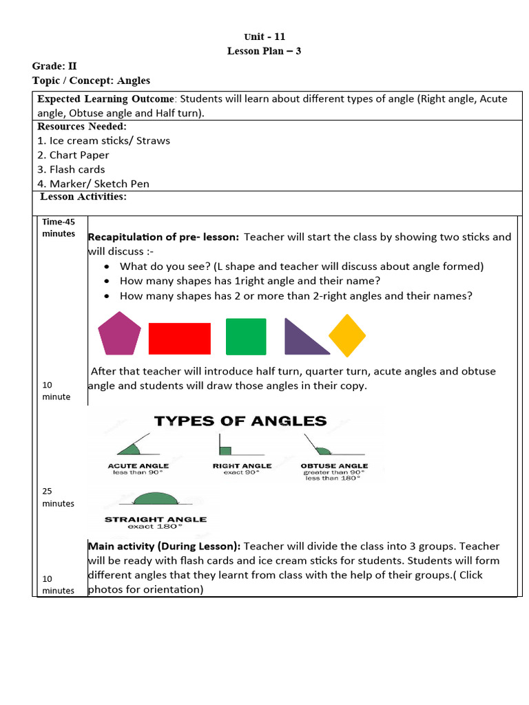 Grade II Lesson Plan on Angles | PDF | Home & Garden