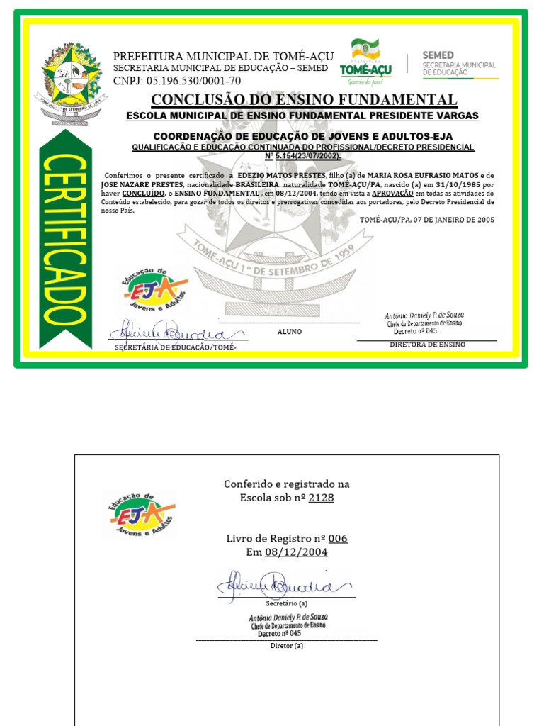 Certificado de Conclusão do Ensino Fundamental | PDF