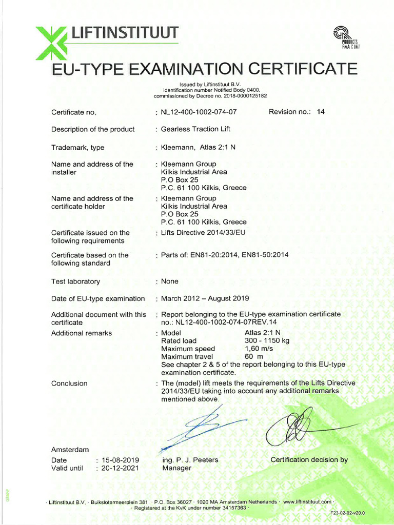 EU Type Examination Certificate of The Lift Download Free PDF EU Type Examination Certificate of The Lift Download Free PDF