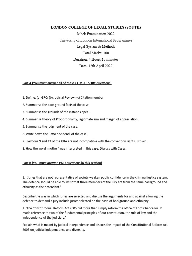 Legal Methods Mock Exam 2022 | PDF | Judiciaries | Common Law