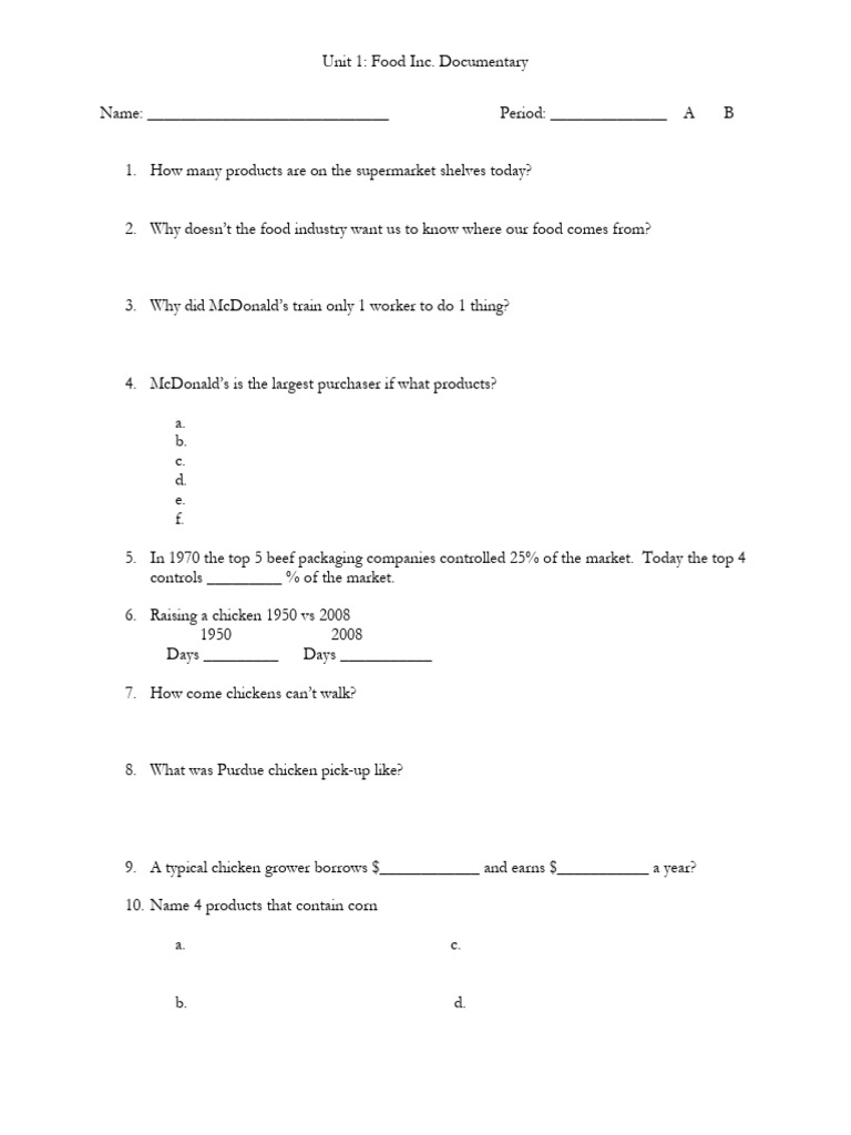 Food Inc Worksheet PDF Food Inc Worksheet PDF