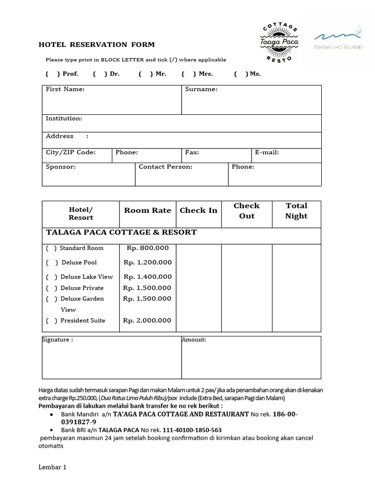 Formulir Reservasi Talaga Paca Resort | PDF