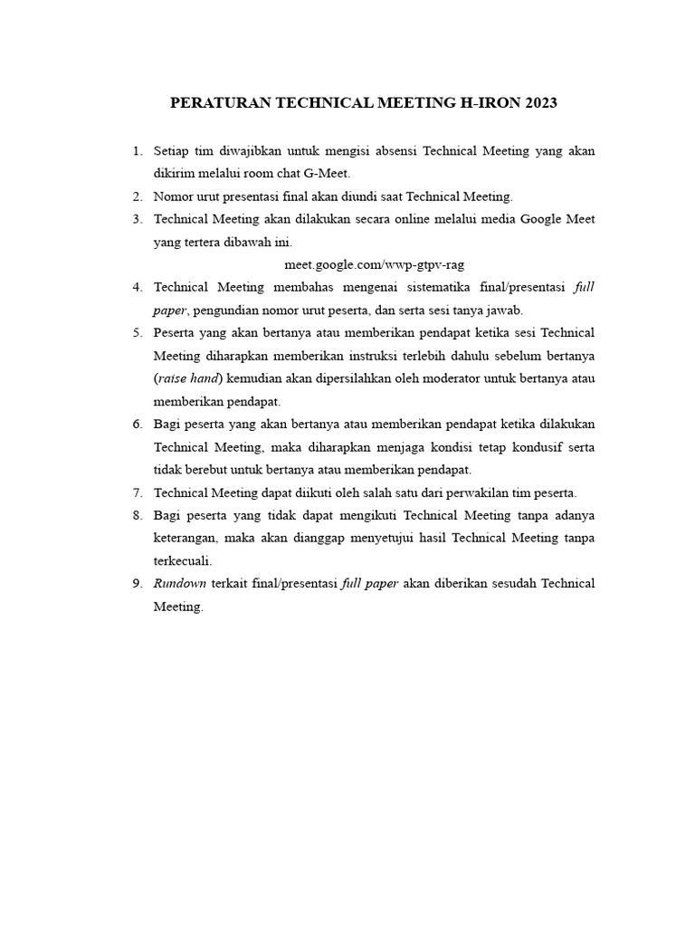 Peraturan Dan Rundown Technical Meeting H-Iron 2023 | PDF