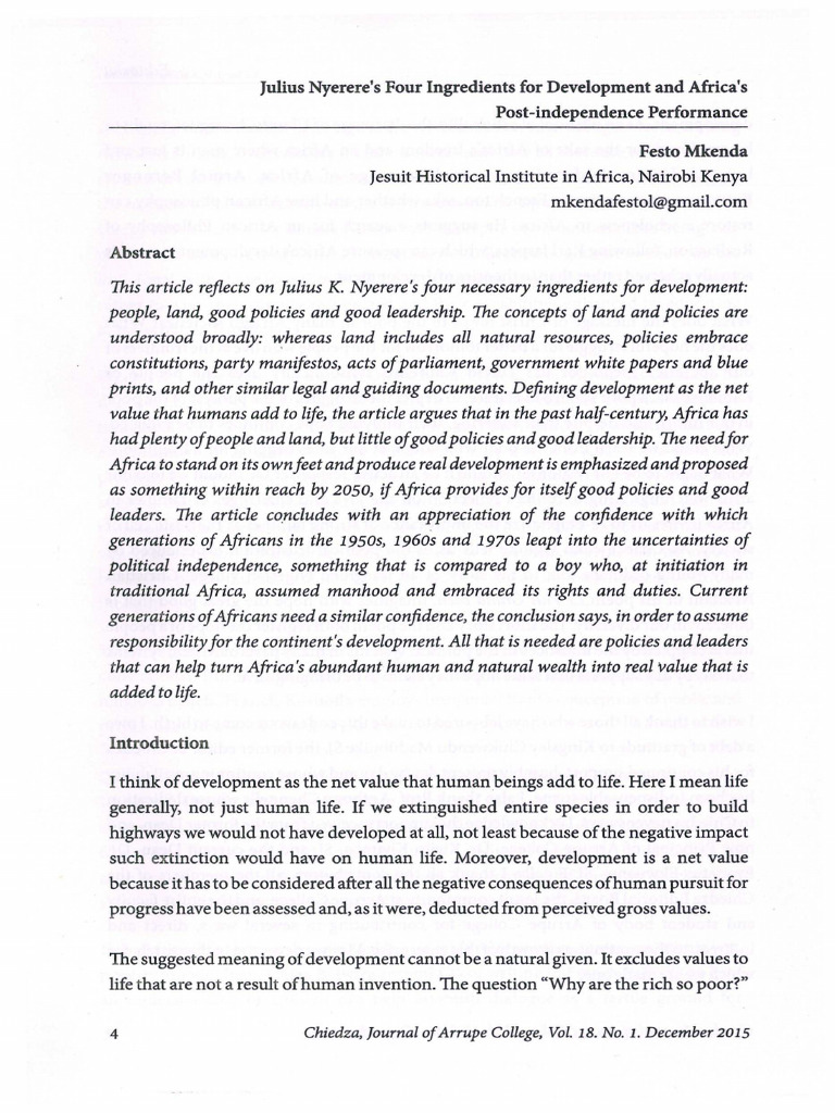Julius Nyereres Four Ingredients For Dev Pdf Julius Nyerere Africa