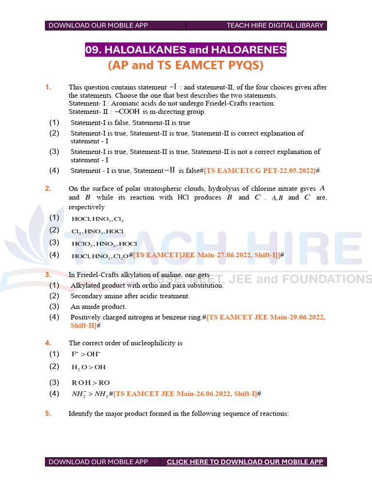 EAMCET PYQs on Haloalkanes and Haloarenes | PDF | Chemical Reactions ...