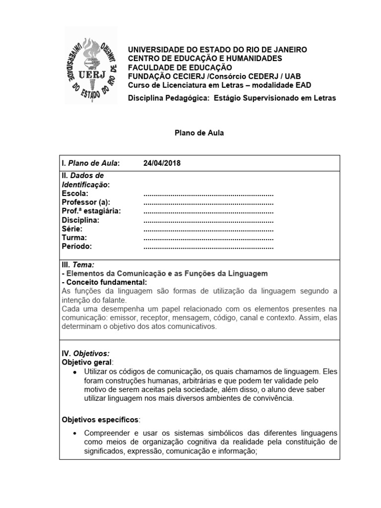 PLANO de AULA Elementos Da Comunicação e As Funções Da Linguagem ...
