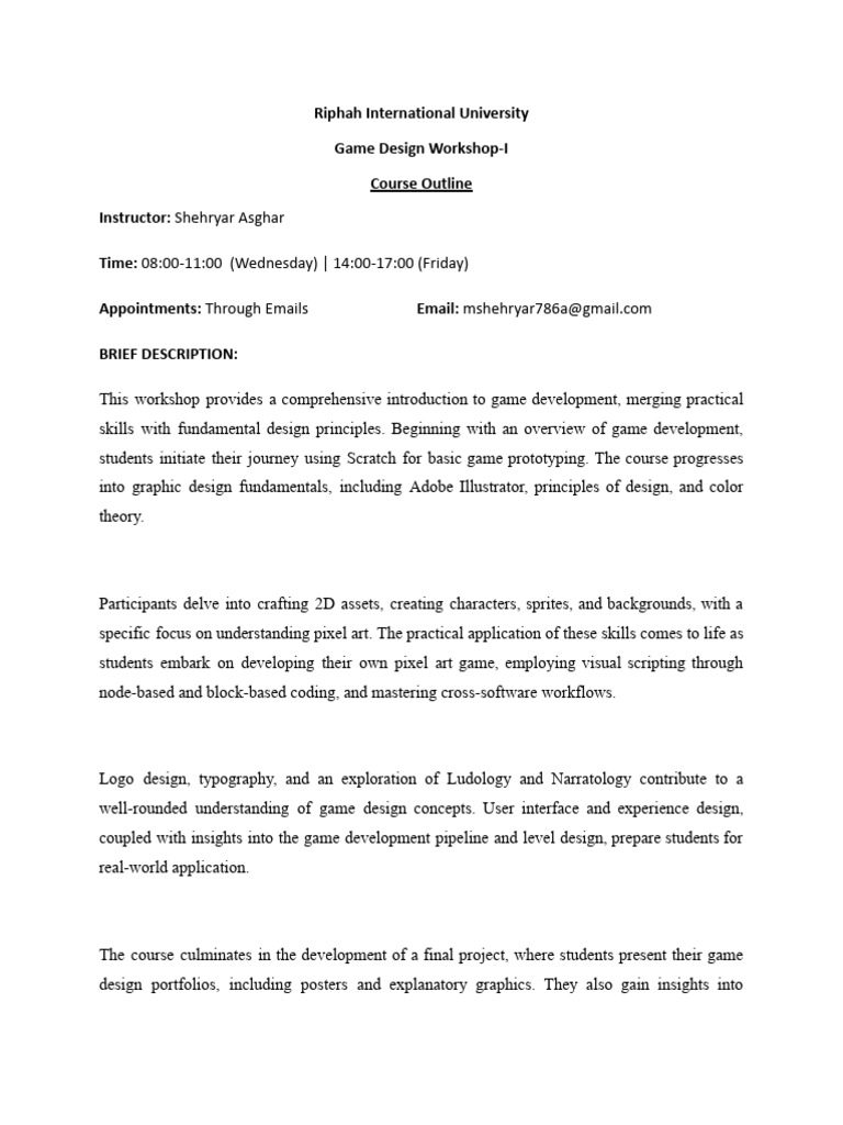 Course Outline Game Design Workshop I PDF Graphic Design 