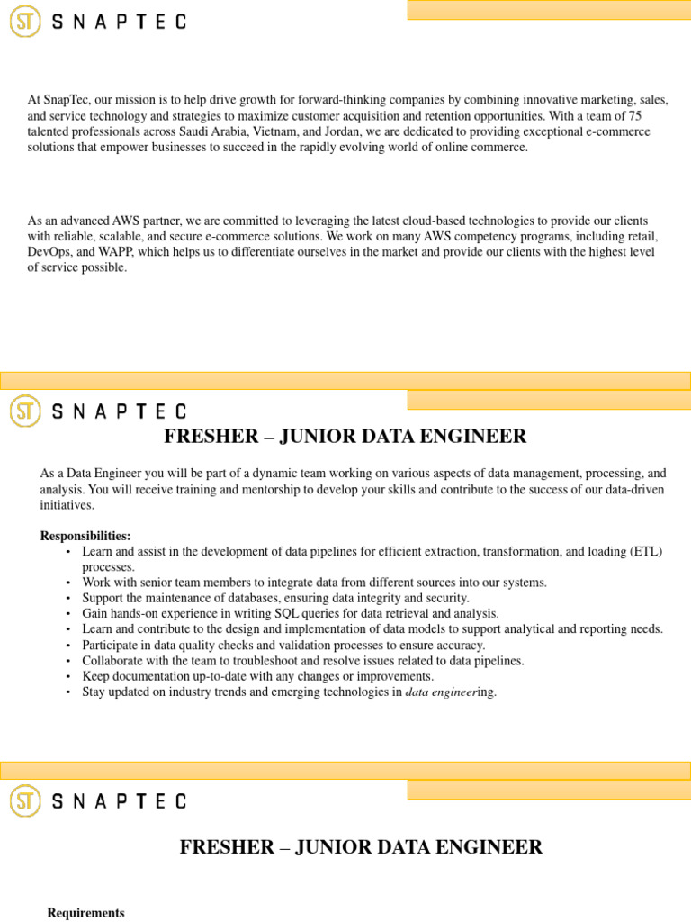 Junior Data Engineer Opportunities at SnapTec | PDF | E Commerce | Data