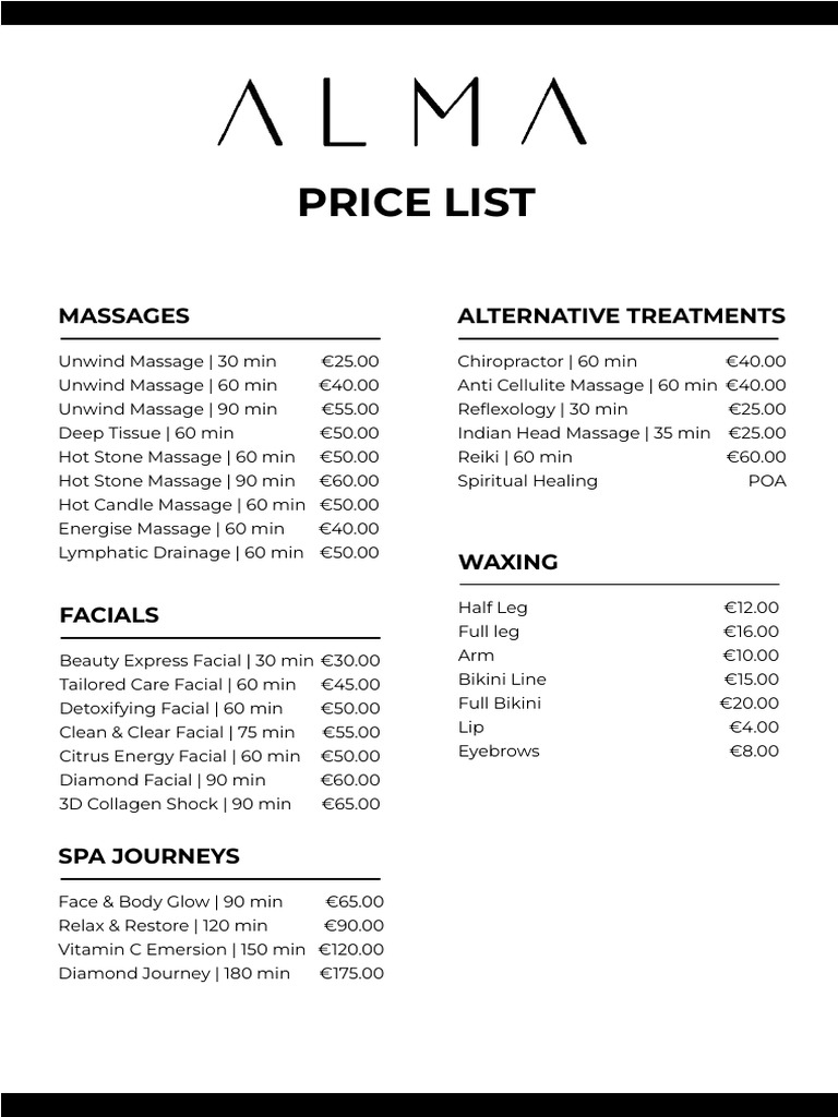 Spa Services Price List | PDF | Massage | Medical Specialties