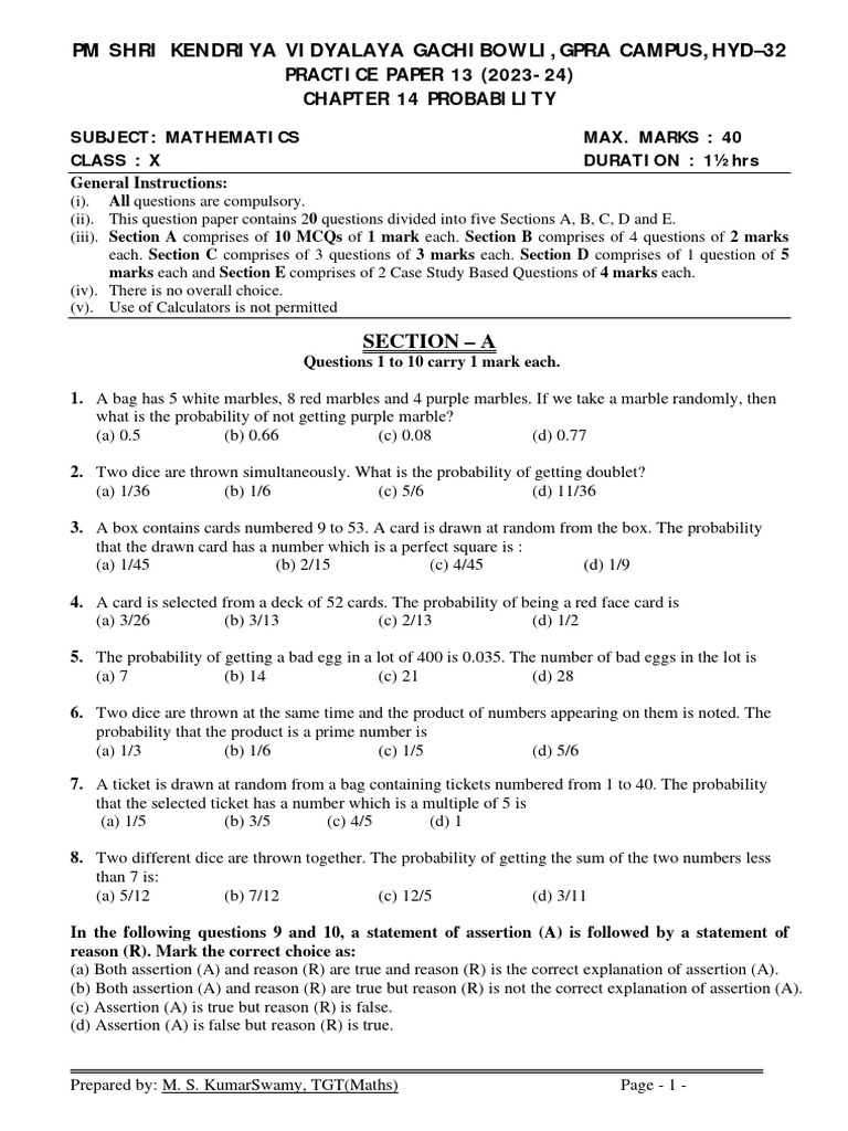 Maths class x chapter 14 probability practice paper 13 pdf