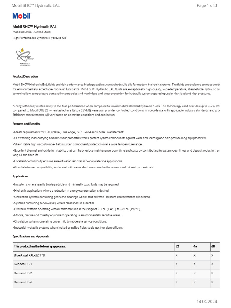 GL XX Mobil SHC Hydraulic EAL | PDF | Mechanical Engineering